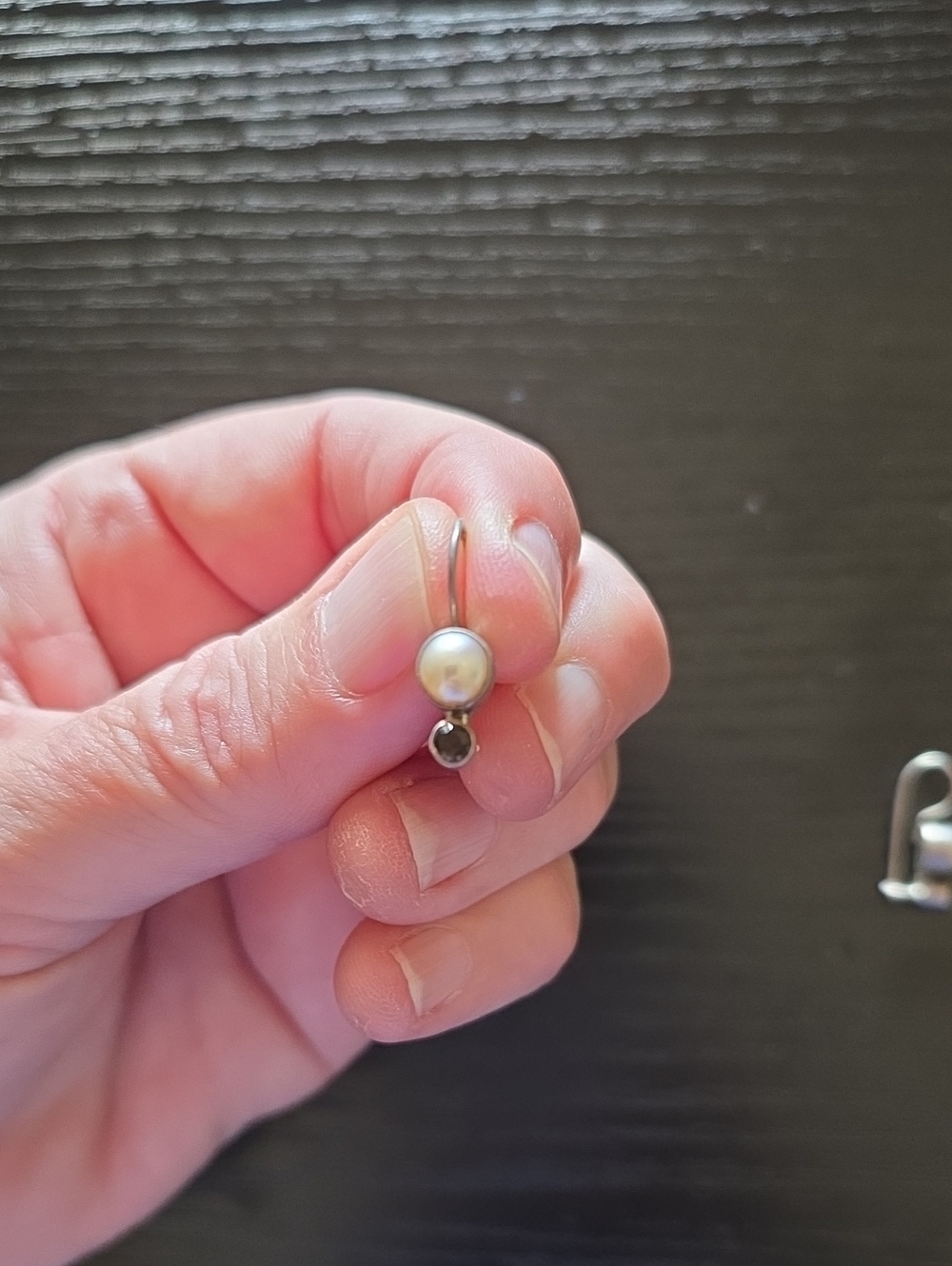 Elegant Pearl and Black Stone Drop Earring - Silver Tone